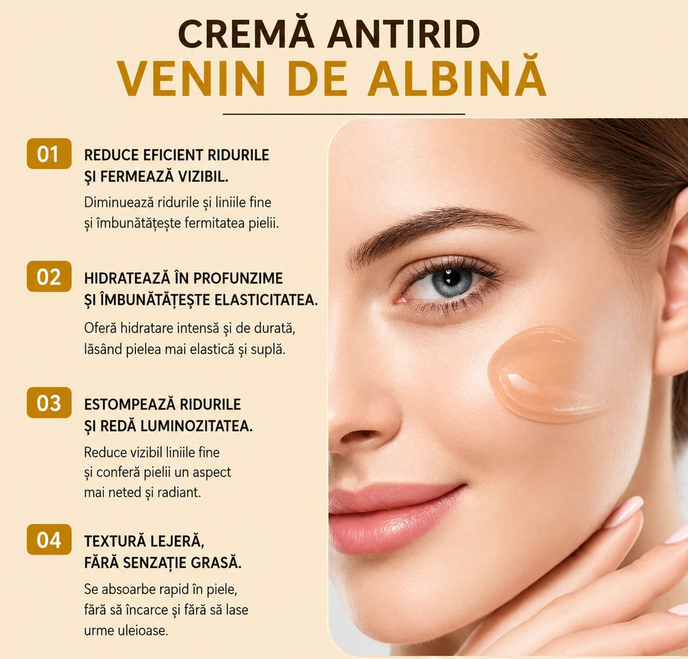 1+1 GRATIS Cremă cu Venin de Albine – Tratament Anti-Îmbătrânire pentru Față și Ochi, Efect de Fermitate și Reducere a Ridurilor