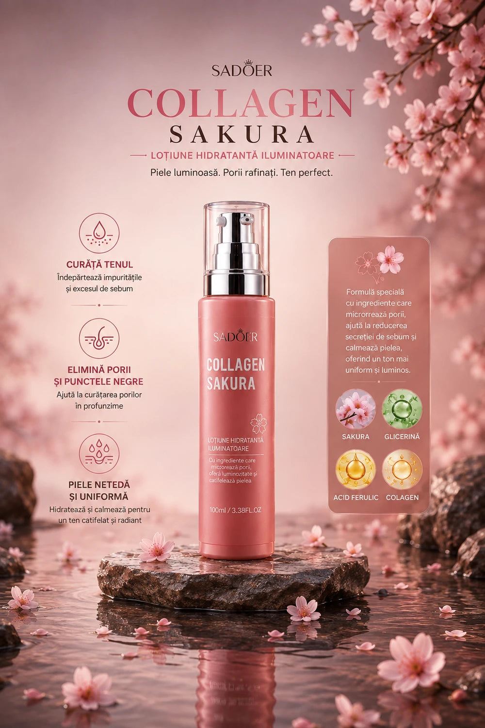 Toner Facial anti-rid si anti-îmbătrânire cu Collagen Sakura Brightening Moisture