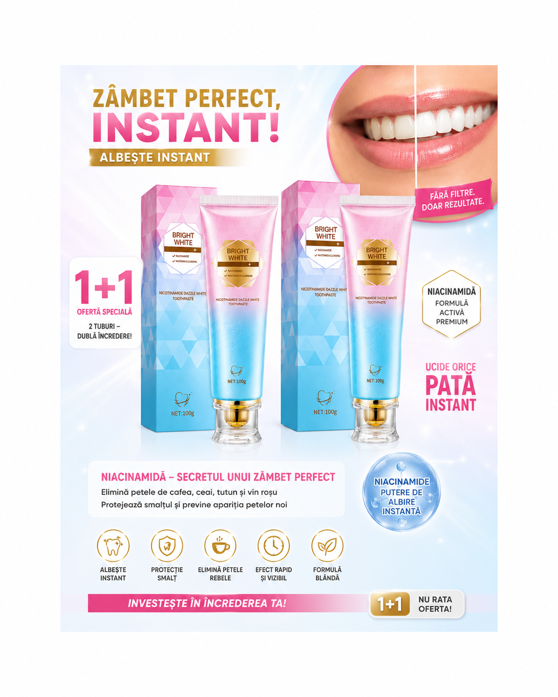 1+1 GRATIS Pastă de Dinți cu Niacinamidă pentru Albire Intensivă